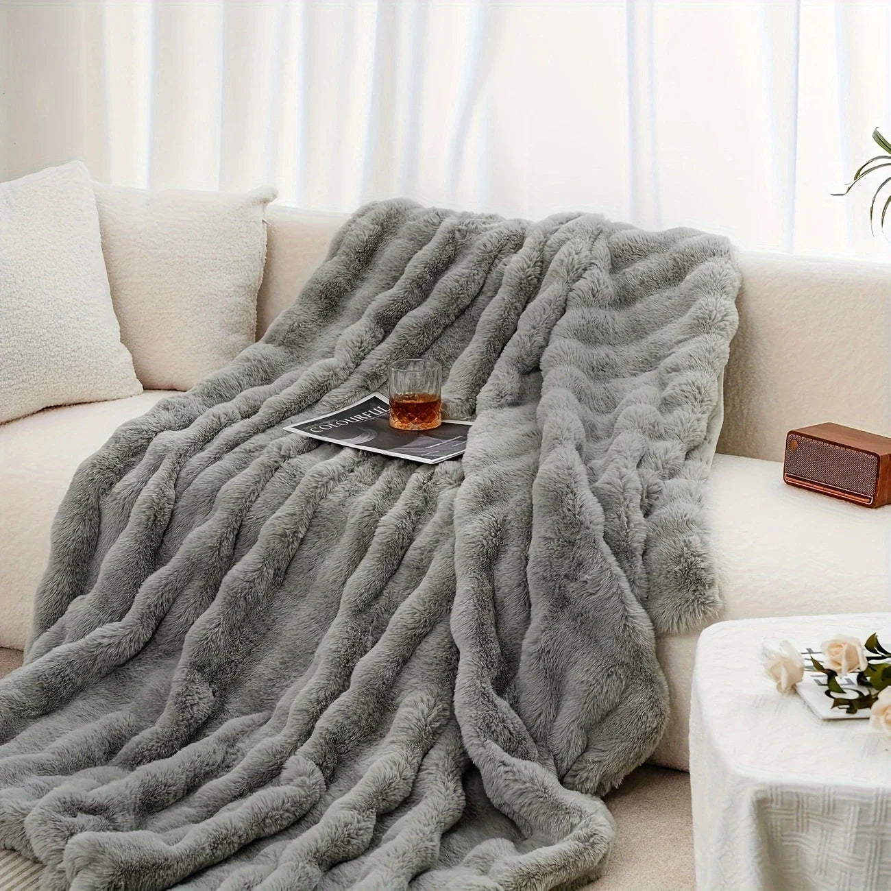 CozyFaux Rabbit Plush Throw Blanket
